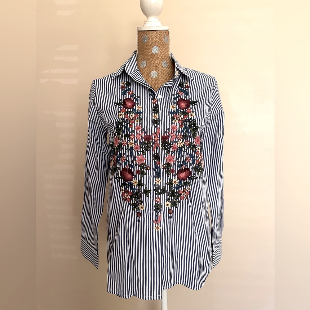 Stripped Button Down Shirt With Embroidered Flowers